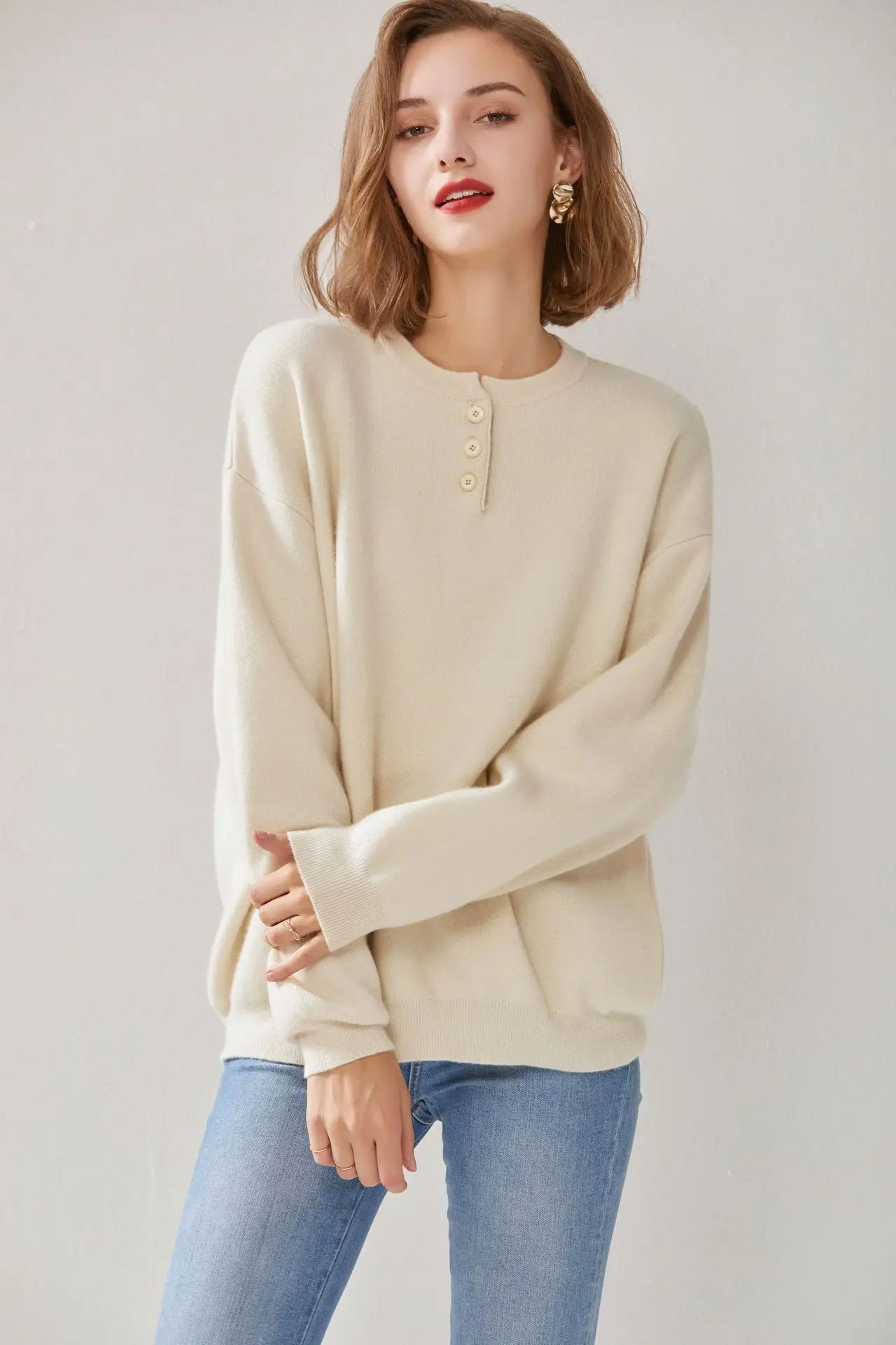 Fengbaoyu Autumn Winter Lady Lamb Fleece Sweater Thickened New Knitted Top Slim Warm Solid Color Soft Long-sleeved White T-shirt