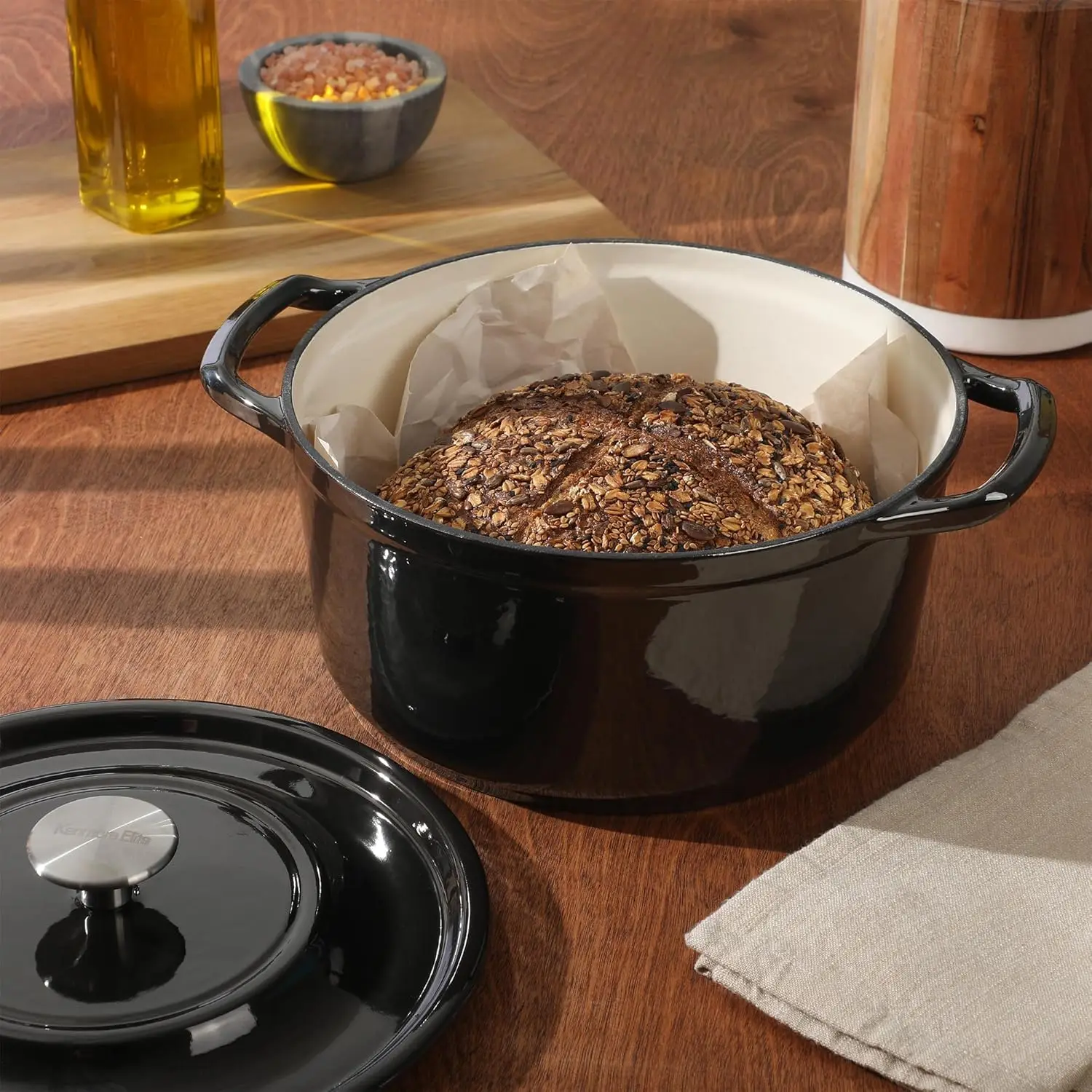 Caçarola de forno holandês de ferro fundido de 5 quartos Oak Park com tampa e esmalte metálico - cinza canna