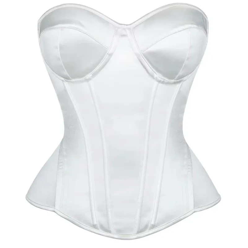 White Corset for Women Overbust Bustier Top Steel Boned Lace Up Waist Girdle Tummy Control Tight Bodice