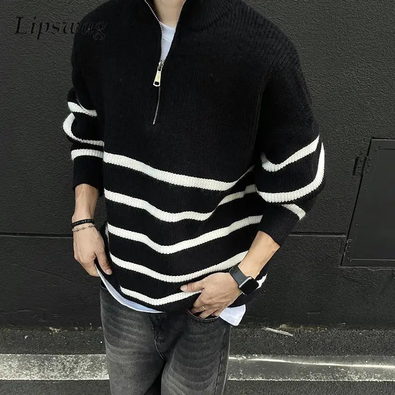 Fall Winter Daily Casual Mens Knit Jumper Tops Vintage Slim Zipper Stand Collar Sweaters For Men Fashion Striped Crochet Sweater