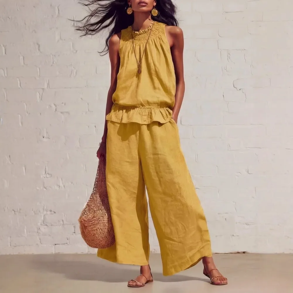 Faux Linen Ruffle Outfit Ruffle Hem Smocked Neckline Ladies' Suit Elastic Waist Wide Leg Summer Pants Set Beach Vacation
