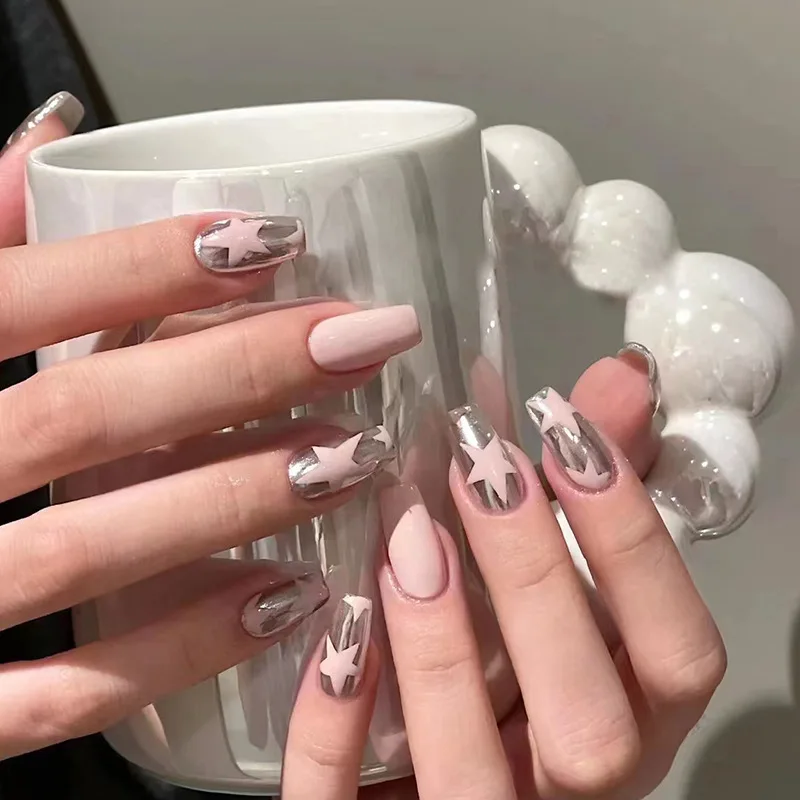 

24Pcs Mid-length Square Nails Set Press on Silver Hollow Out Design Fake Nails Pink Star Detachable Full Cover False Nails Tips