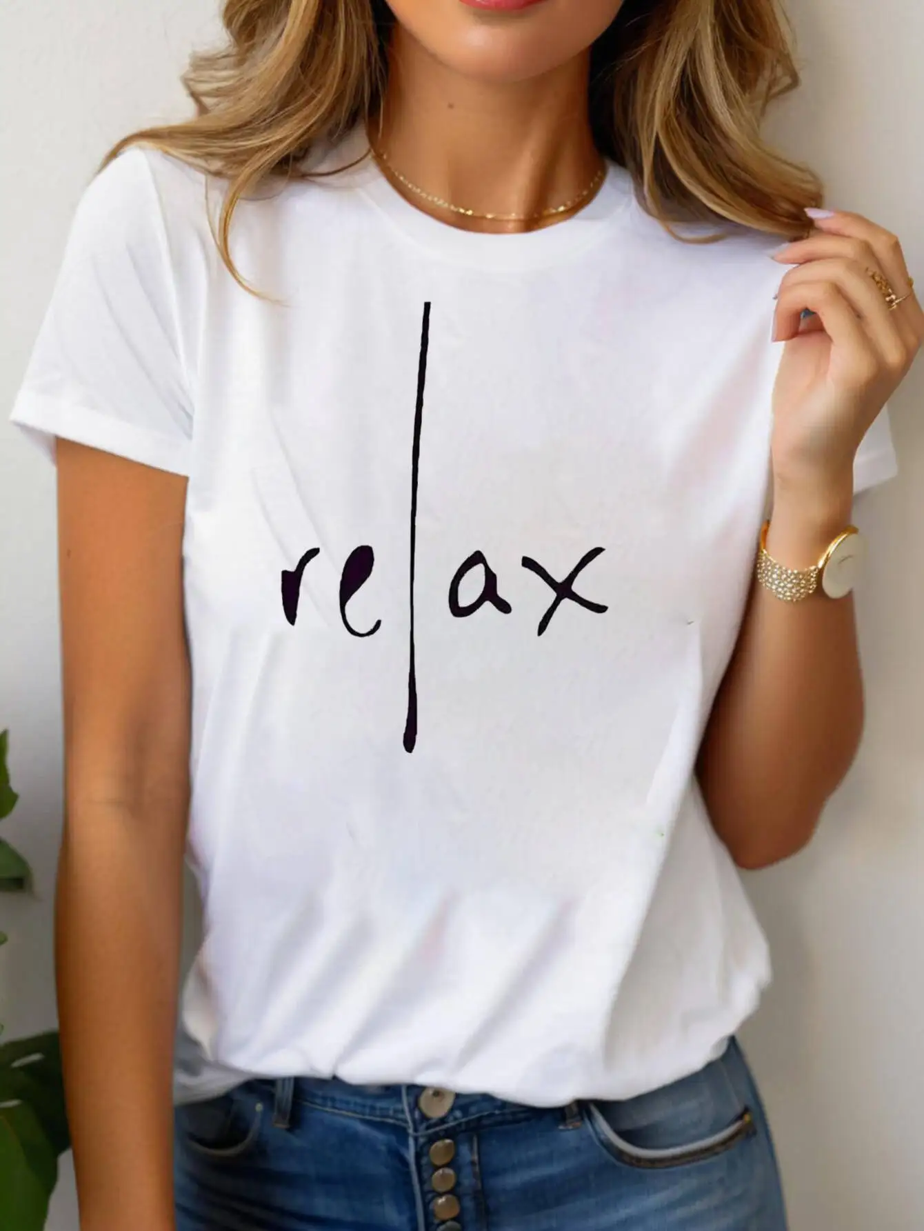 Casual Minimalist Women's T-Shirt Relax Letter Print Round Neck Short Sleeve For Daily And  Activities tops tee female tshirt