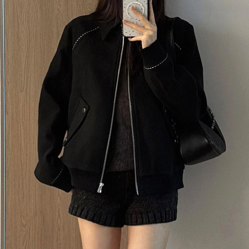 American Vintage Baseball Jacket Women Streetwear Casual Loose Black Zipper Coats Autumn Retro All Match Long Sleeve Outwear New