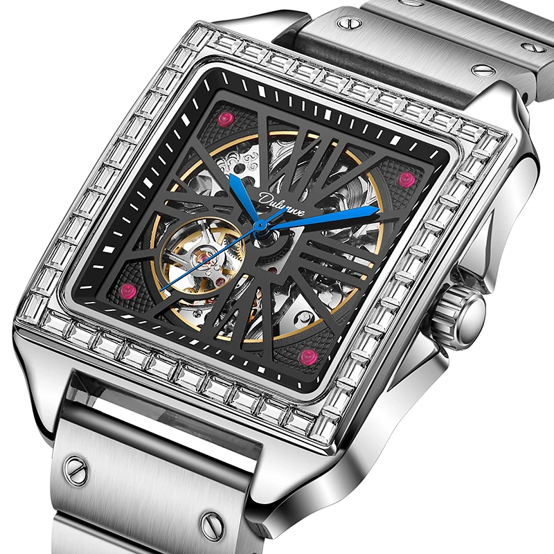 Dulunwe Fashion Gentleman Mechanical Watch for Men Square Crystal Bezel Full Skeleton Dial  Automatic Wrist Watch