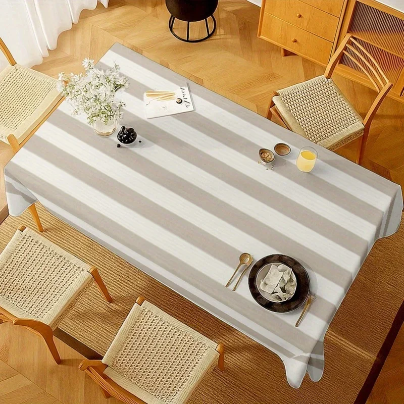 【jit】 1pc Soft, Fashionable and Beautiful Light Brown and White Striped Tablecloth, Machine Washable and Easy to Clean, Yzb
