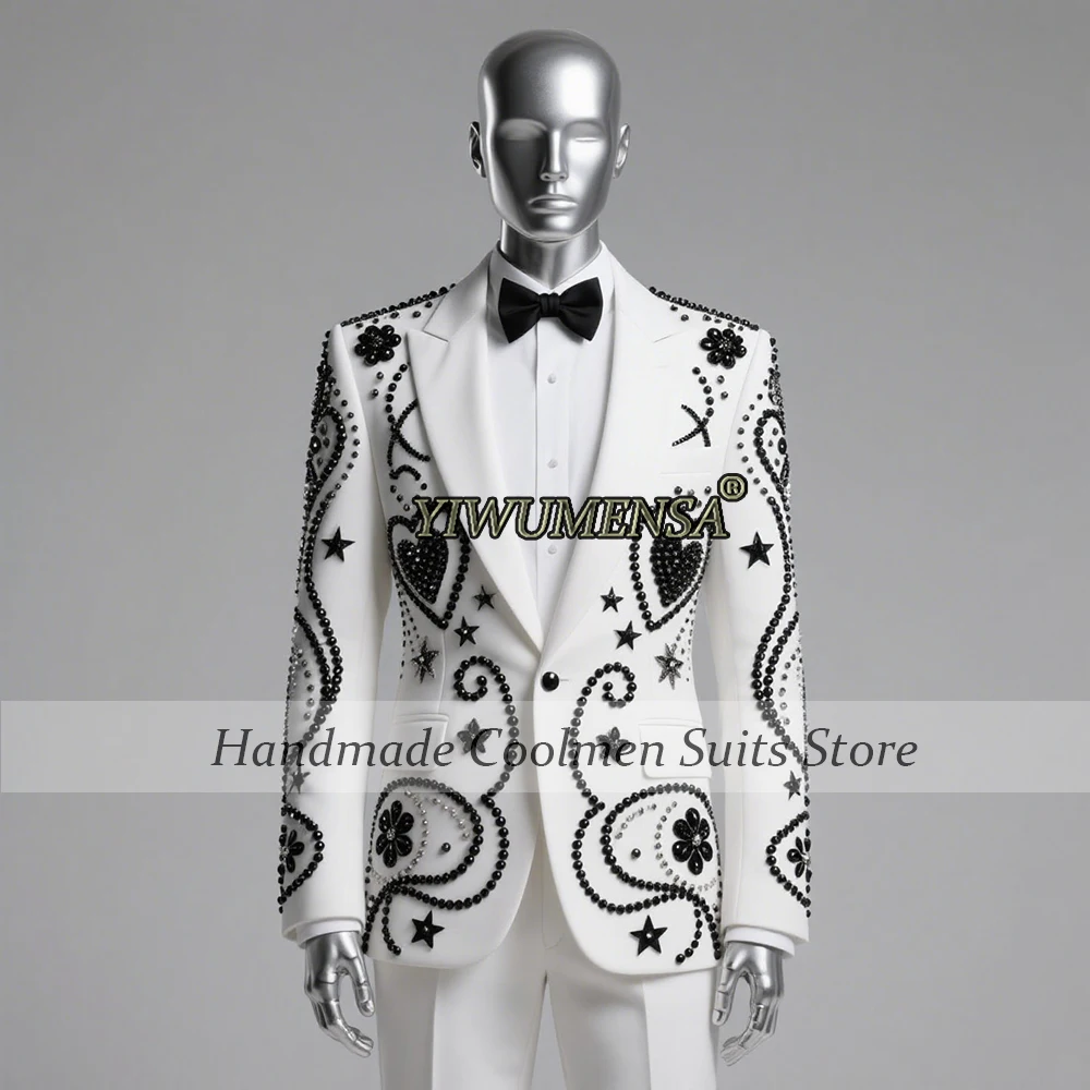 

Twinkling Beaded Pearls Peaked Lapel Men Suits 2 Pieces Sets Groom Party Blazers Customized Wedding Tuxedo Slim Fit Ropa Hombre