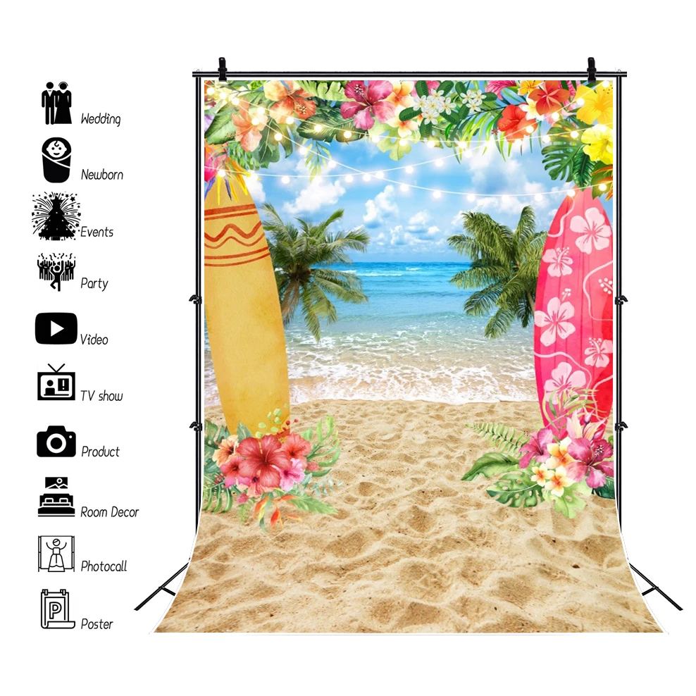 خلفية سماء زرقاء للشاطئ الصيفي ، لوح تزلج على شجرة النخيل الاستوائية ، خلفية تصوير لحفلات العطلات في Hawaii Luau Aloha Flamingo