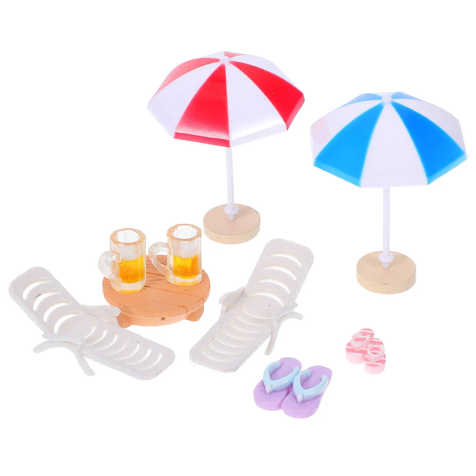 

1Set Mini Beach Accessories Set Vibrant Uv Resistant Miniature Beach Chairs Umbrellas Slippers for Dollhouse Outdoor Garden