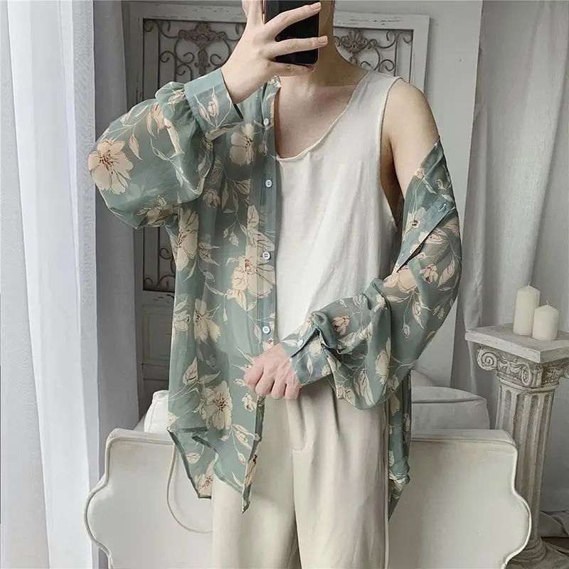 2023 Spring New Fashion Casual Long Sleeve Lapel Men's Hong Kong Breeze Trend Korean Version Printed Loose Simplicity Shirt