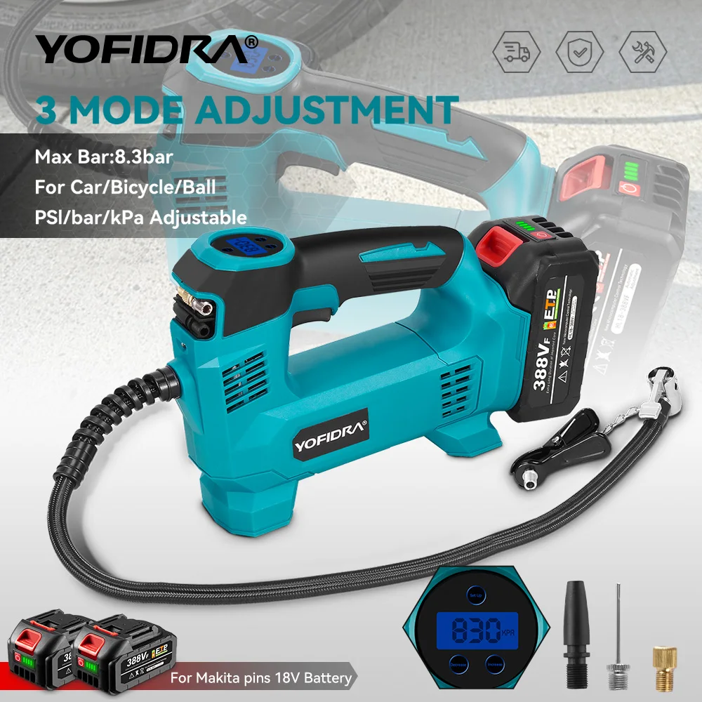 Yofidra اللاسلكي مضخة هواء كهربائية ضاغط LED عرض قابلة للشحن دراجة نارية الكرة أداة تعمل بالهواء المضغوط لبطارية ماكيتا 18 فولت