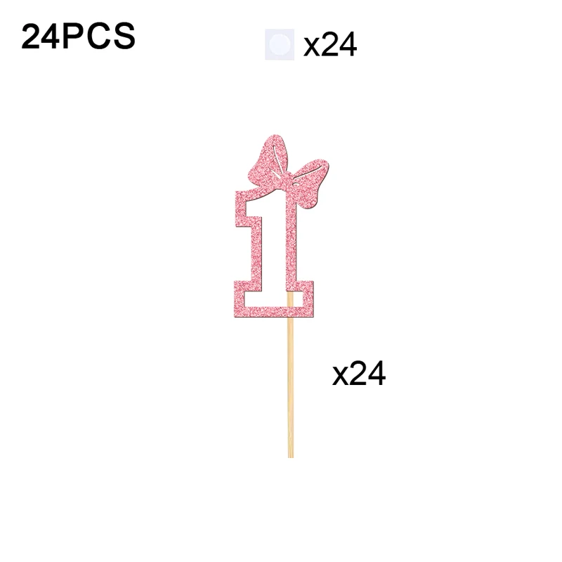 YOMDID 24 Stück Cupcake-Topper zum 1. Geburtstag, glitzernde 1. Geburtstags-Kuchenaufsätze mit Schleifendekoration für Valentinstag-Dekoration – Detail 6