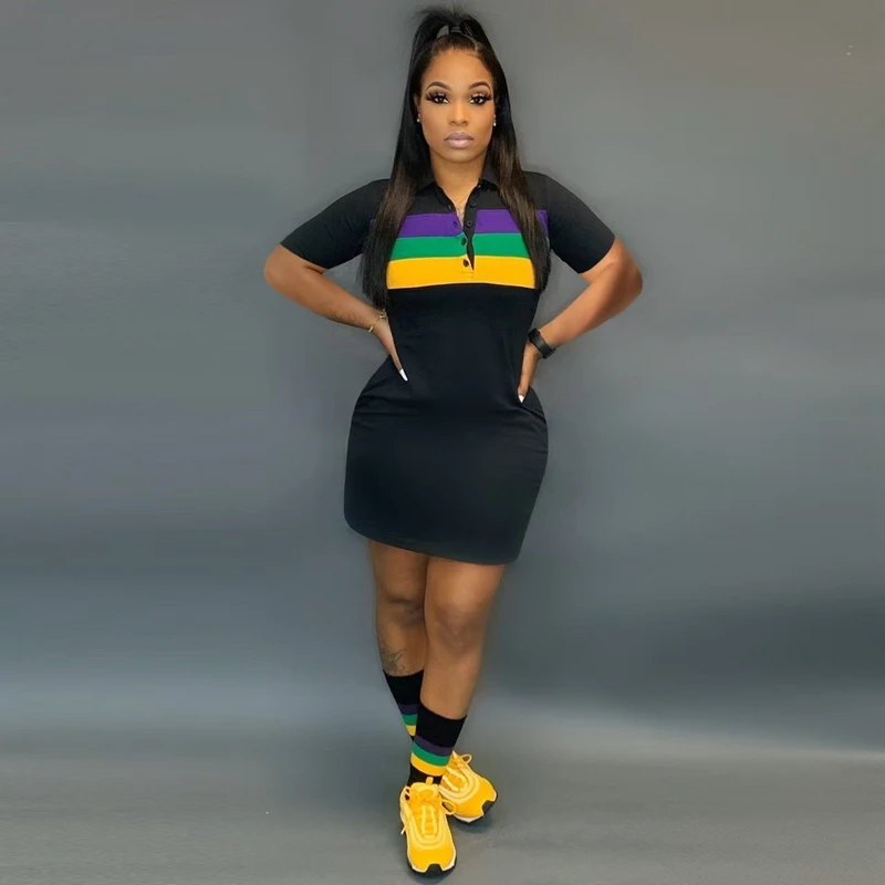 Elegante senhora contraste cor listrado vestido impresso 2025 verão feminino manga curta turn down collar bodycon casual t camisa vestido