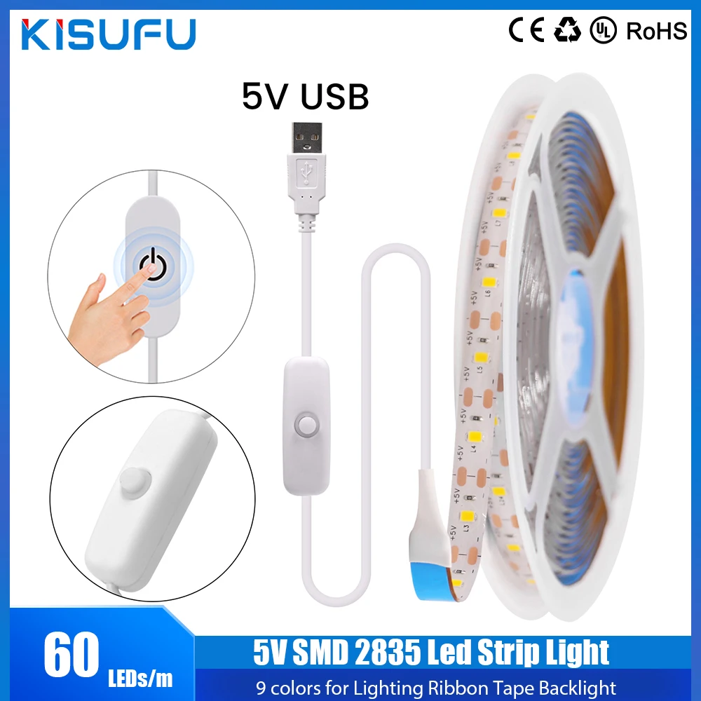 usb led strip light com touch dimmer on off switch fita fita fita de iluminacao flexivel espelho de tv luz de fundo smd 2835 60 leds por m 5v 01