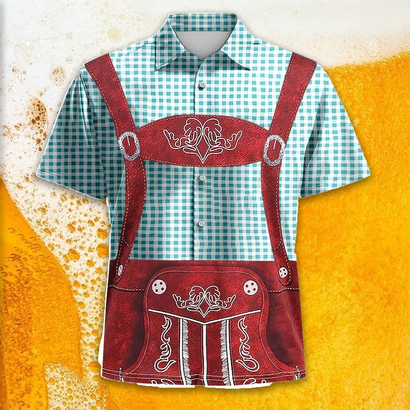 Bavarian Oktoberfest Men Short Sleeve Shirt Single Breasted Casual Lapel 3D Plaid Print Beer Festival Shirt German Shirts Top