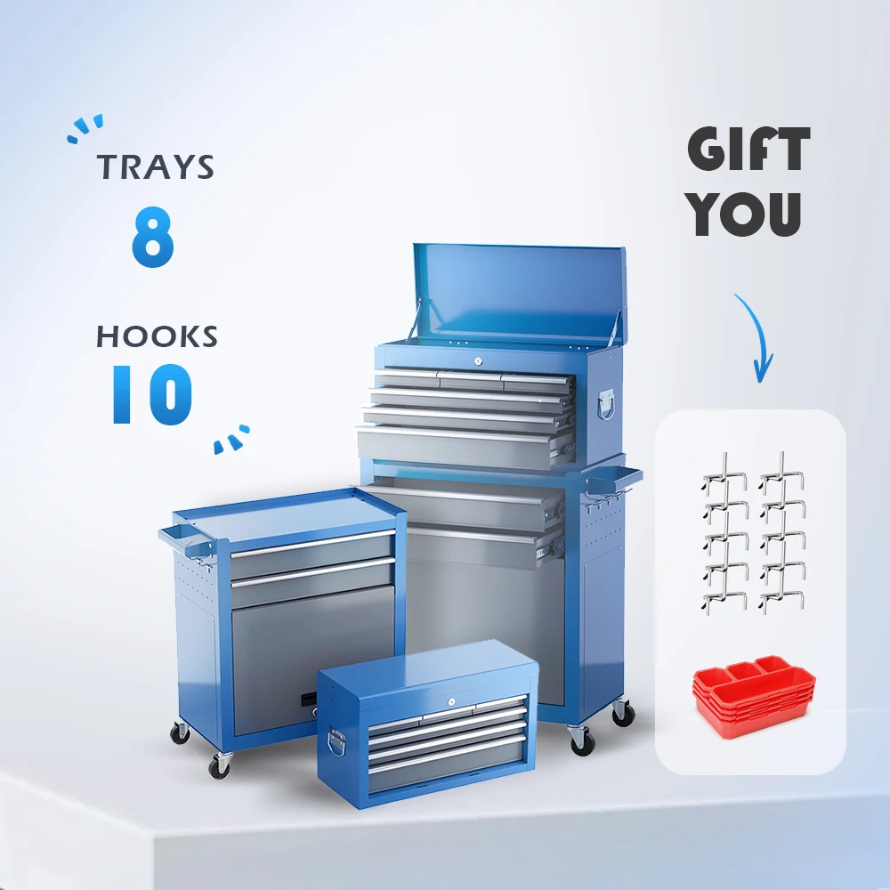 

A toolbox with wheels, a large toolbox with 8 toolbox dividers and 10 hooks, and a detachable large capacity toolbox for garages