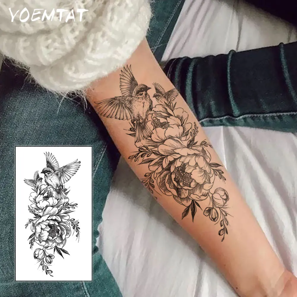 Waterproof Temporary Tattoo Sticker Magpie Peony Flower Cute Pattern Body Art Arm Fake Tattoos Sleeve Women Men Chest Waist Legs