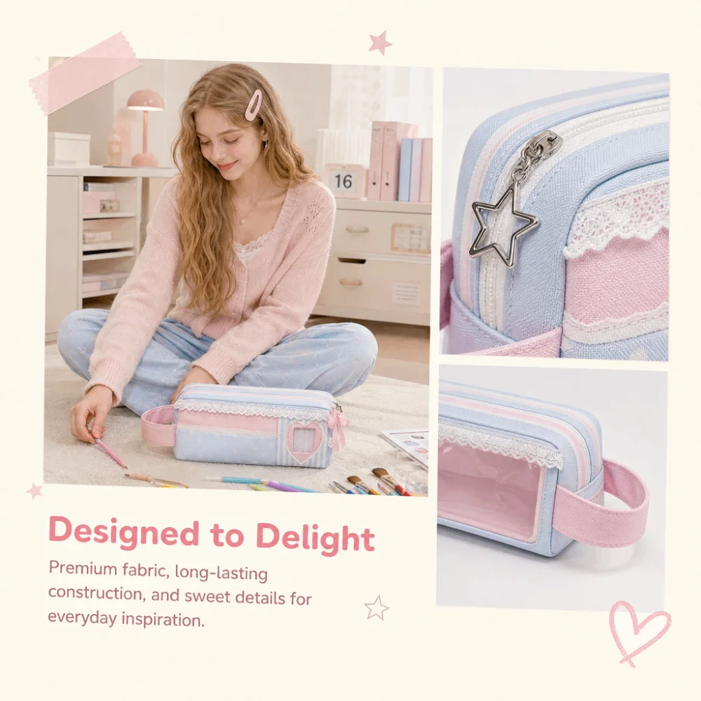 Kawaii Pink Blue Pencil Case Polka Dot Design Large Capacity Pen Bag Stationery Bag Gift