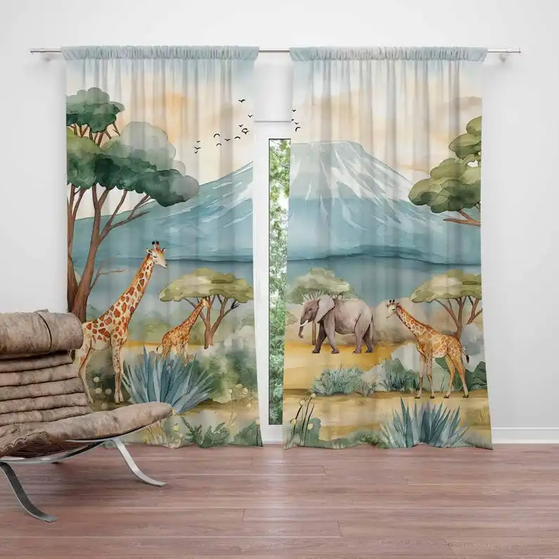 Safari Animals Kids Curtains Baby Boy Room Curtain Blackout Curtain Nursery Child Room Toddler Playroom Curtains