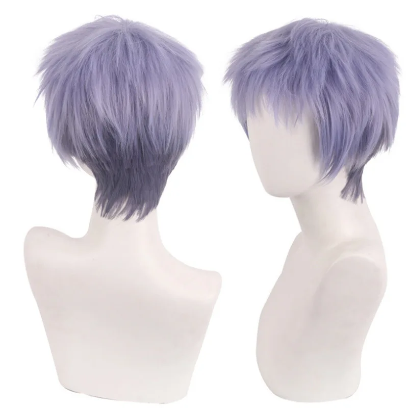 Parrucca cosplay anime boy da 1 pezzo con capelli corti e disordinati in grigio-blu-viola