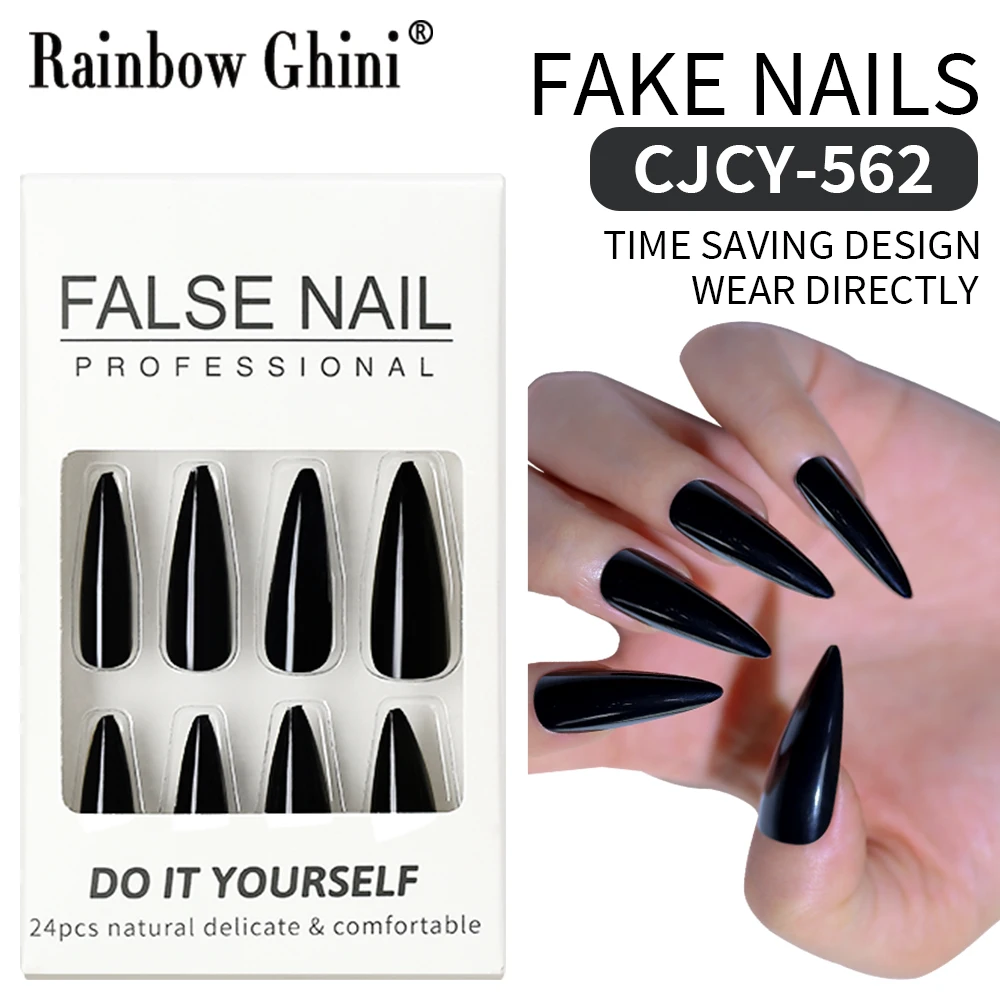 24 قطعة/الوحدة تصميم بسيط الصحافة على خنجر الأظافر الصلبة الأسود نصائح الصناعية Cutecore القوطية نمط الحد الأدنى لتقوم بها بنفسك مسمار نصائح