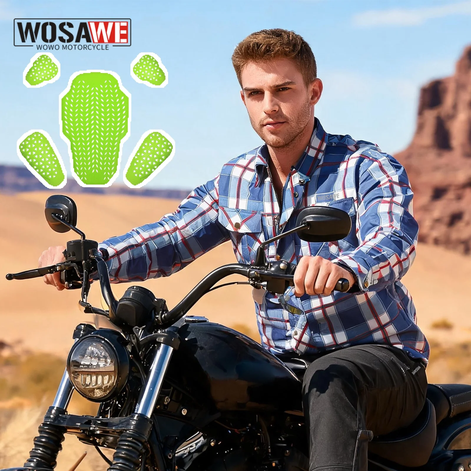 WOSAWE Motorcycle Jacket Lightweight Breathable Motorbike Checkered Shirt Multi Pocket With Back Shoulder and Elbow