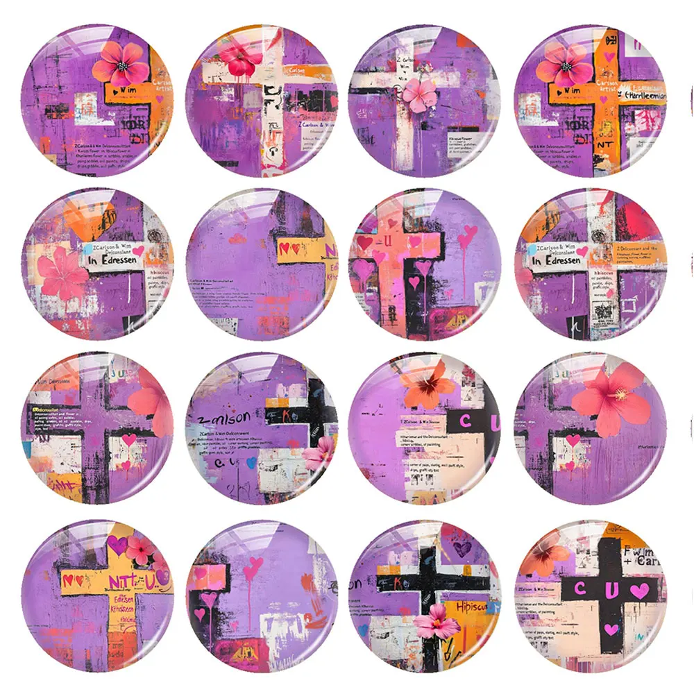 Random Mixed Round/Oval/Square Purple Cross Flower Photo Glass Cabochon Flatback Demo Cameo For Diy Jewelry Making
