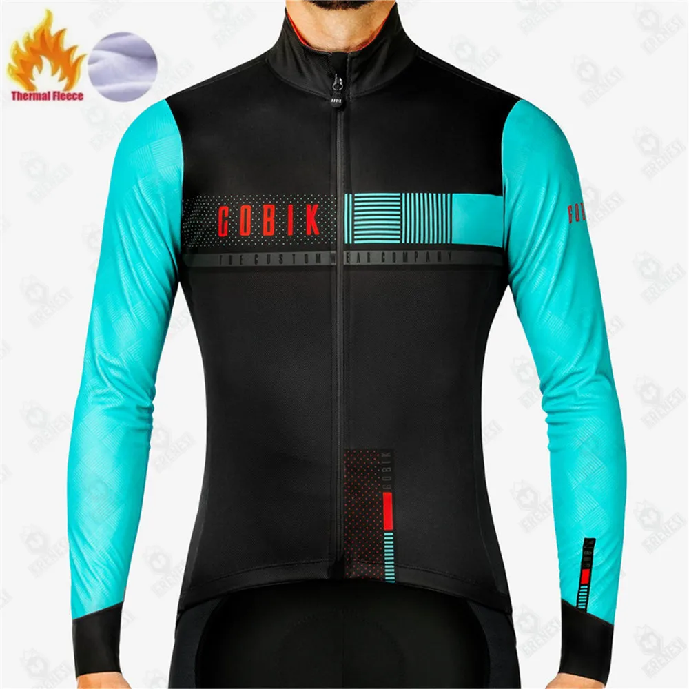 Cobik Winter Hot Wool 10° Thin Coat Men Long Sleeve Jacket Sport Wool Jersey Bicycle Cycle Printed Uniform Road Ciclismo Hombre