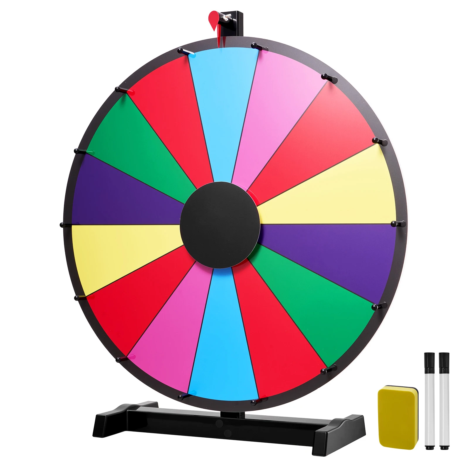 24 in Spinning Prize Wheel, 14 Slots Spinning Wheel with Stand, Tabletop Win Fortune Roulette with a Dry Erase and 2 Markers, 6 Colors, Easy Assembly, Designed for Party Pub Trade Show Carnival Events