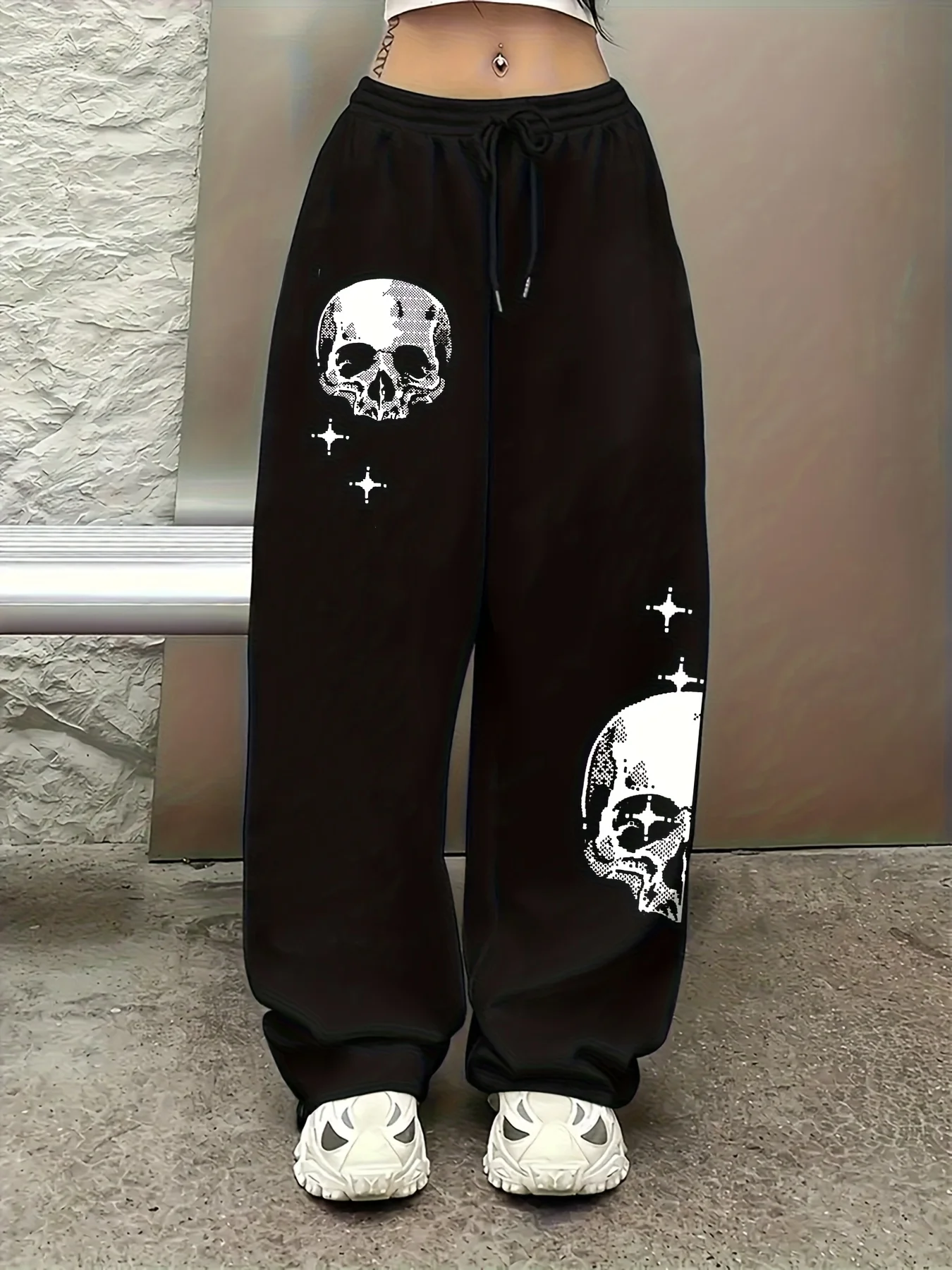 Halloween Ladies Gothic Wide Leg Joggers, Distressed Skull & Star Graphic Print Casual Loose Sports Pants