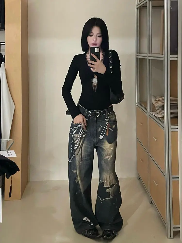 Yedinas Gothic Black Hollow Out Bodysuits Rompers Women Jumpsuits Fashion Solid Lace Long Sleeve Sexy Sheath Skinny Y2k T Shirt