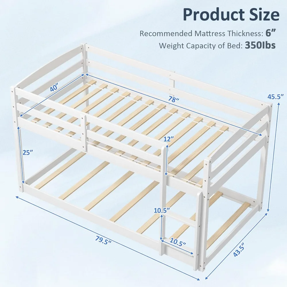 Twin Low Bunk Bed, Solid Wood Twin Over Twin Bunk Bed Frame with Full Guardrails & Integrated Ladder, Floor Bunk Beds