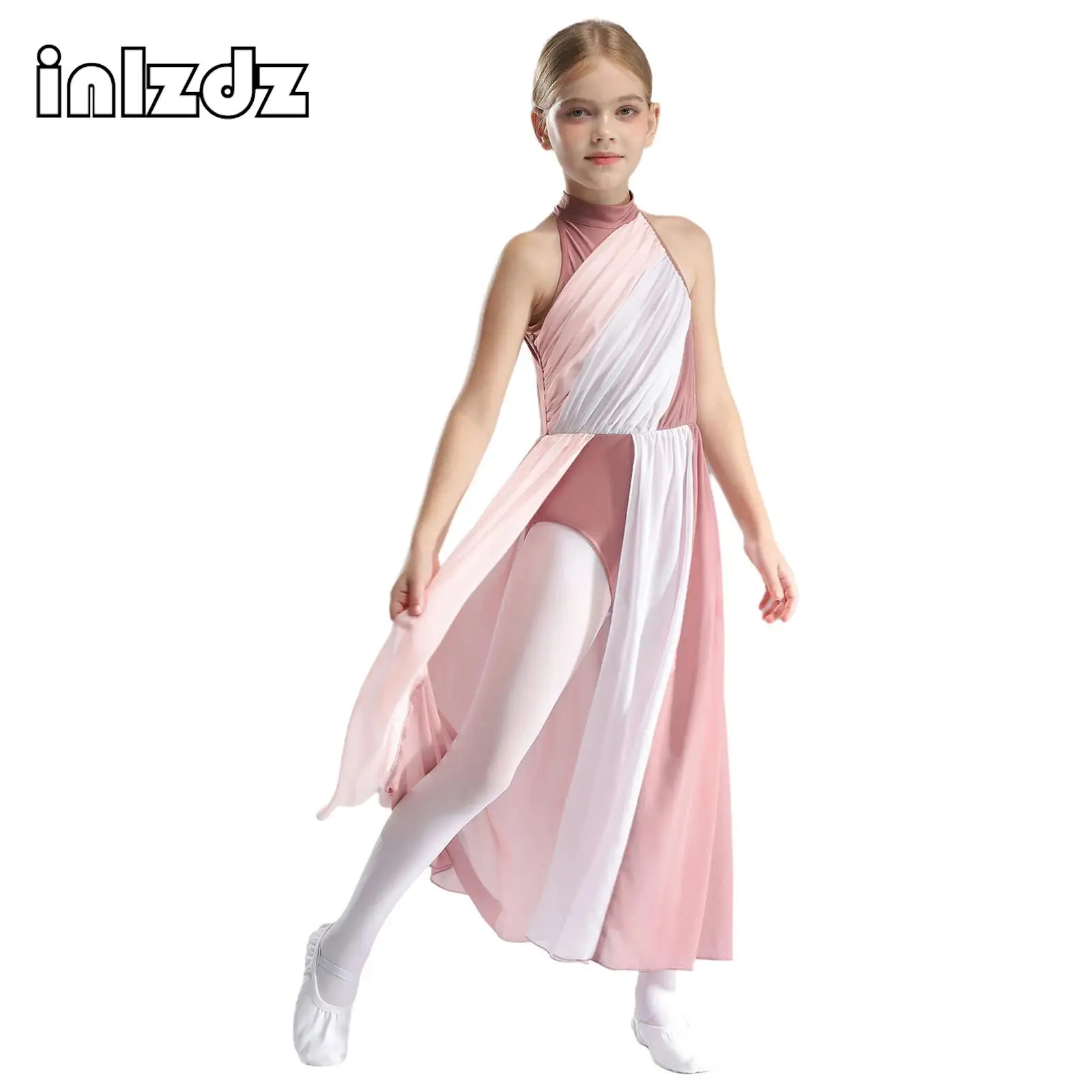 

Kids Girl Lyrical Dance Dress Ballet Jersey Figure Ice Skating Costume Sleeveless Mesh Split Maxi Long Dresses Performance Dress