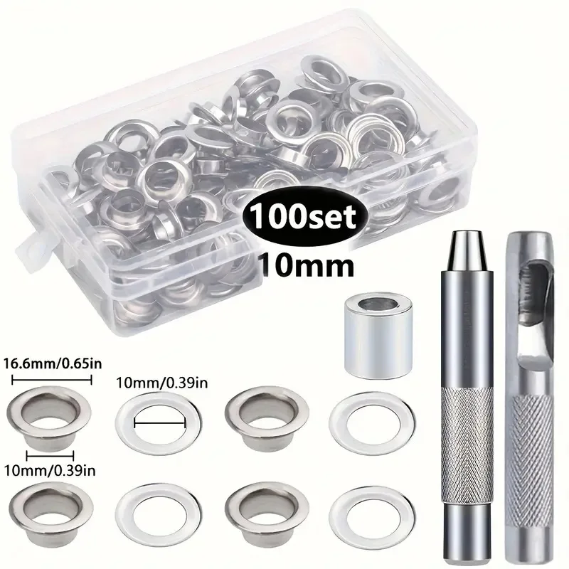 100 conjuntos de kit de ferramentas de ilhós 6/8/10/12/14mm, kit de ilhós com ferramentas de configuração e caixa de armazenamento para tecido, lonas, cortinas