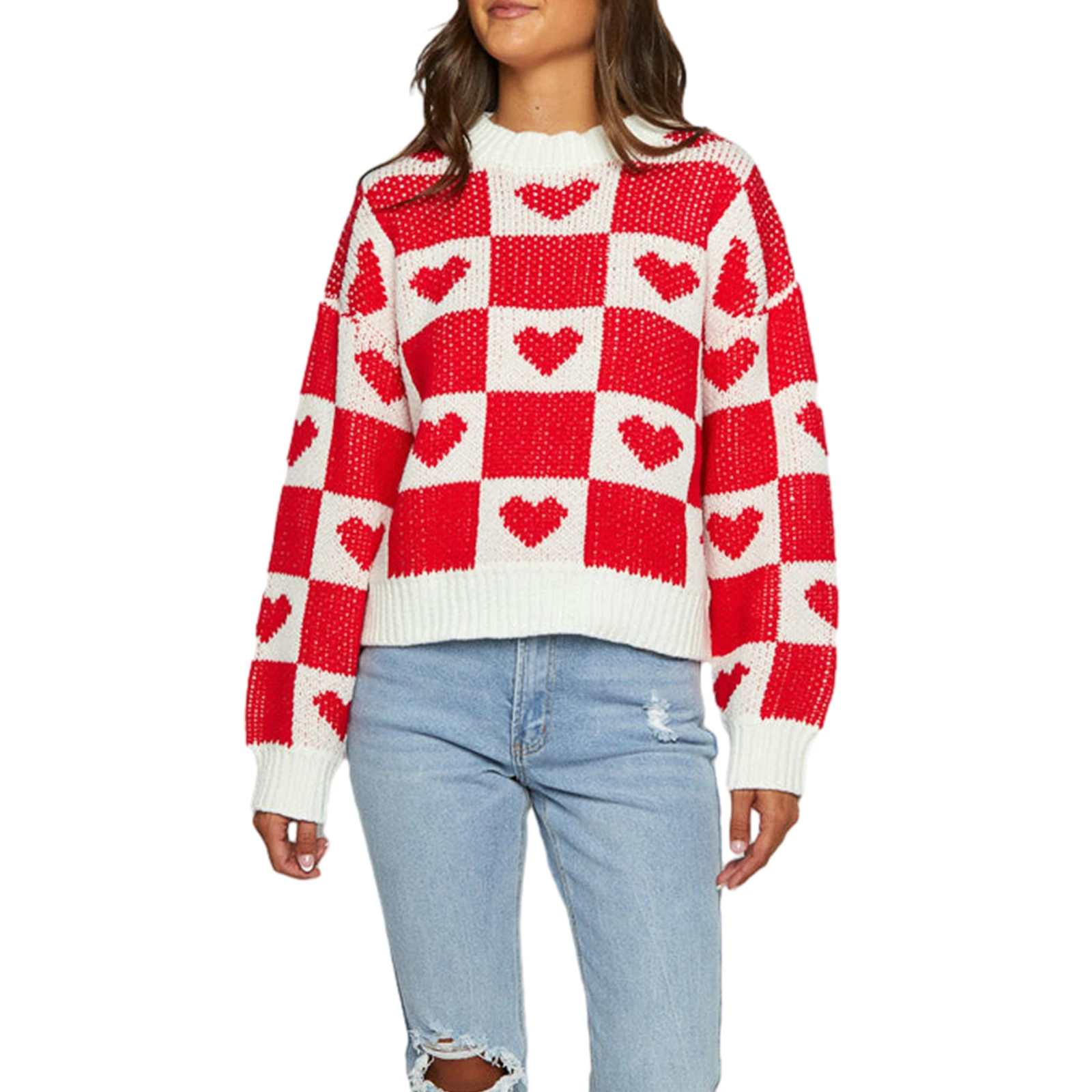 

Women's Checker Heart Print Sweaters Long Sleeve Round Neck Loose Pullovers Knit Tops