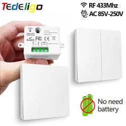 433Mhz Wireless Remote Controller Light Switch 220V Mini Relay and Self-Powered Push Button Wall Panel Waterproof Kinetic Switch