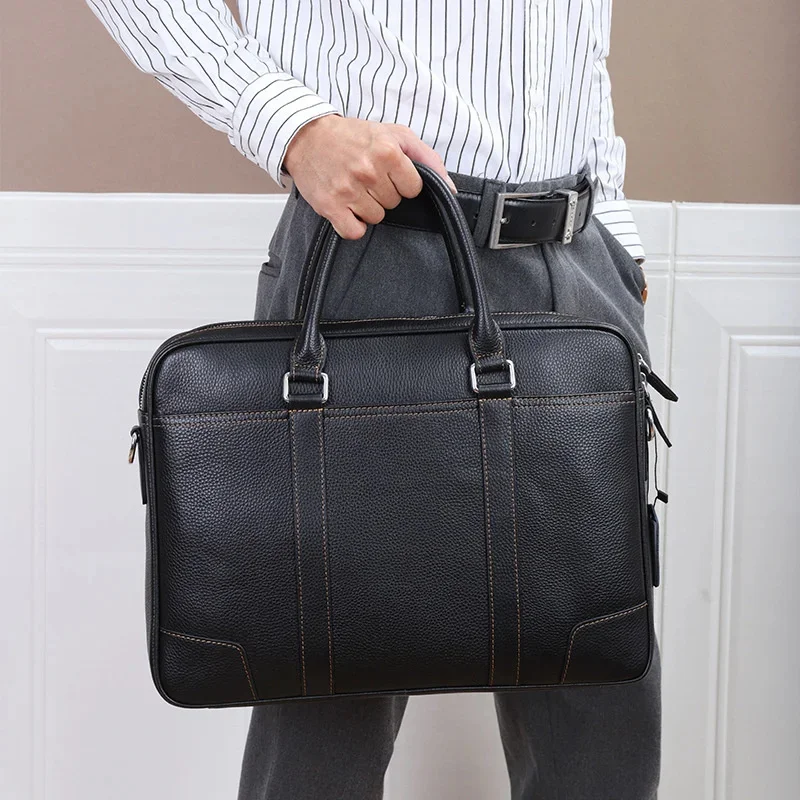 Genuine Leather High-End Men Briefcase Horizontal Business Handbag Large Capacity Fashion Shoulder Messenger Male File Bag