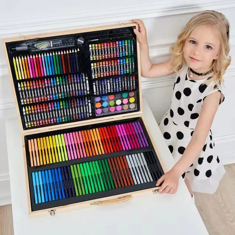 Wood Box Watercolor Pens, Colored Pencil, Crayon Brush Set for Kids, Students, Drawing, Painting Refills, Art Supplies, 180Pcs