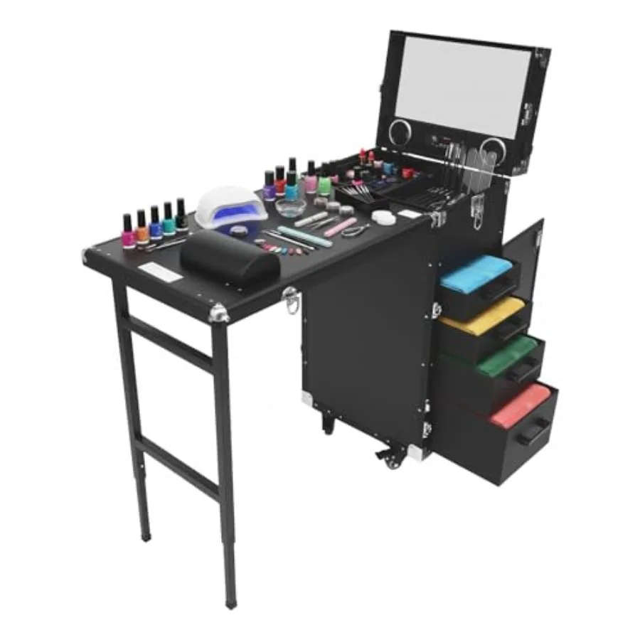 

Professional rolling manicure table train case with 4 universal wheels, ABS plastic, black, foldable design with drawers, unfol