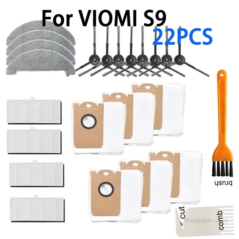 22 Pack Dust Bags Mops Cloths Side Rolling BrushHepa Filter for XIAOMI VIOMI S9 Robot Vacuum Cleaner VIOMI S9 Accessories Parts