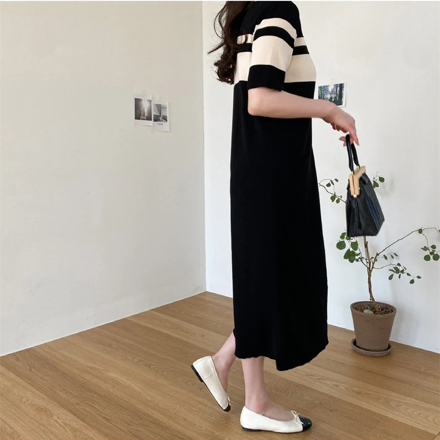 REALEFT Summer 2024 New Casual Loose Women\'s Knitting Dresses Female Colorblock Straight O-Neck Short Sleeve Korean Long Dress