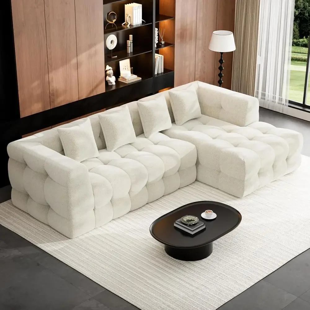 

120 L-Shaped Chenille Sectional Sofa with Chaise, Deep Seating, 4 Pillows, Beige, No Assembly Needed
