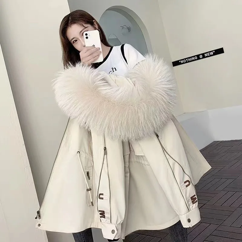 2023 Autumn Winter New Style Pie Female Fashion Rabbit Hair Inner Fur Collar Removable Mid-length Imitation Fur Coat Female