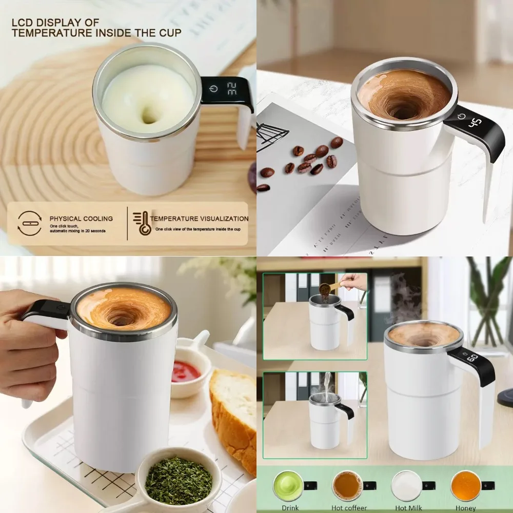 Portable USB Rechargeable Coffee Mixer Cup with Temp Display, 304 Stainless Steel Electric Stirrer for Milk, Chocolate, Mocha, C