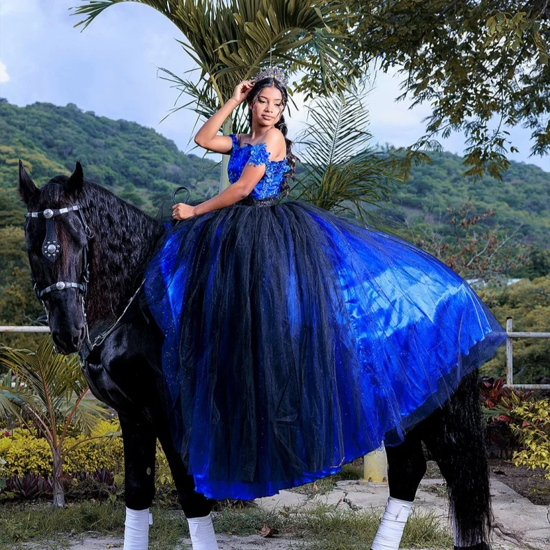 Brilhante azul royal quinceanera vestido de renda cristal glitter flor decalque cauda longa vestidos de 15 quinceanera ﻿ Personalizado