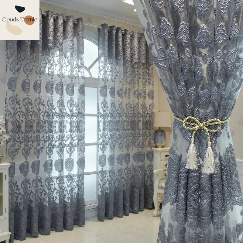 

European Style Curtains for Living Dining Room Bedroom Luxury Hollow Embossed Embroidery Gray Tulle Window Curtain Customize