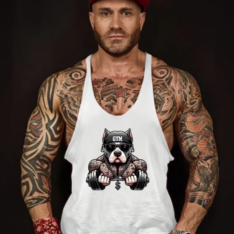 2025 - Men's Bulldog Barbell Graphic Fitness Vest - Fitness Building Sleeveless Top, Elastic Breathable Bodybuilding Sports Vest