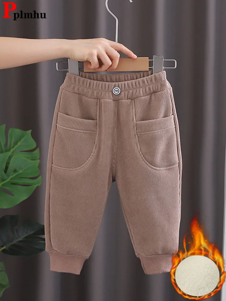 Corduroy Velvet Lined Boys Harem Pants Winter New Warm Kids Jogger Pantalones Plush Elastic High Waist Thick Children Trousers