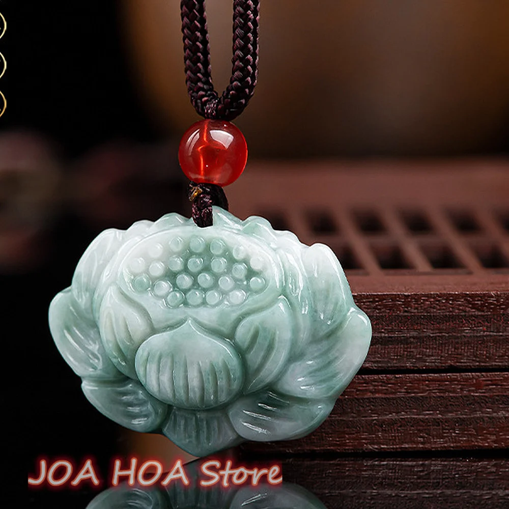 

New Original Texture Natural A Jadeite Lotus Pendant Ice Jade Flower-Pendant Hand-carved Necklace Chain Boutique Jewelry