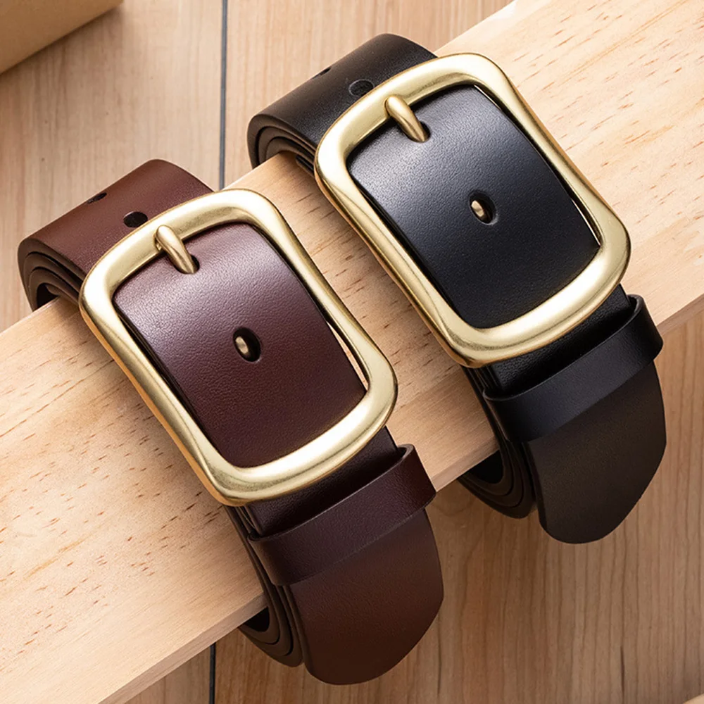 HIDUP 3.8cm Width Men's Cowhide Brass Buckle Pure Leather Belt for Male Jeans Accessories